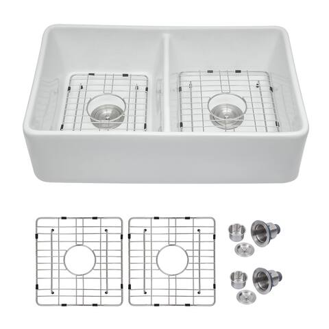Lordear 32 Inch White Ceramic Farmhouse Double Bowl Kitchen Sink
