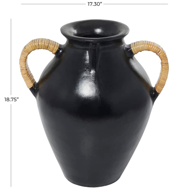 Modern Black Ceramic Jug Inspired Vase with Rattan Wrapped Handles