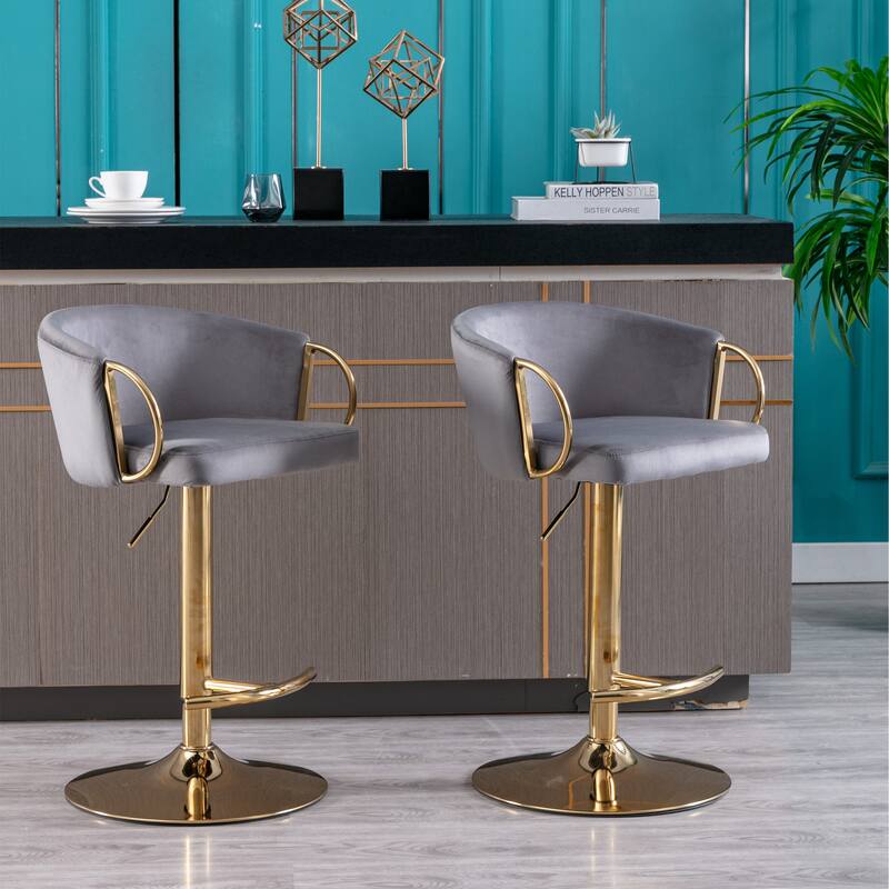 Set of 2 Adjustable Swivel Bar Stools, Grey Velvet with Chrome Footrest & Gold Legs