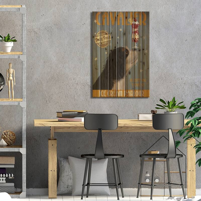 Cavalier King Charles (Black White) Ice Cream Parlour Print On Wood by Fab Funky - Multi-Color