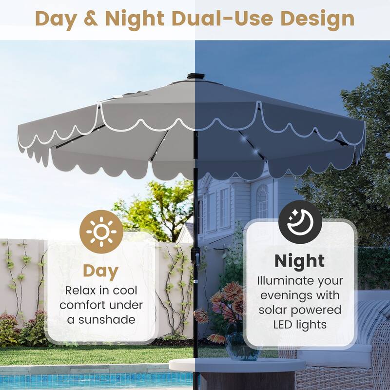 9.3 FT Outdoor Patio Polyester Umbrella with Solar LED Lights and Tilt Crank Metal Frame for Garden Deck