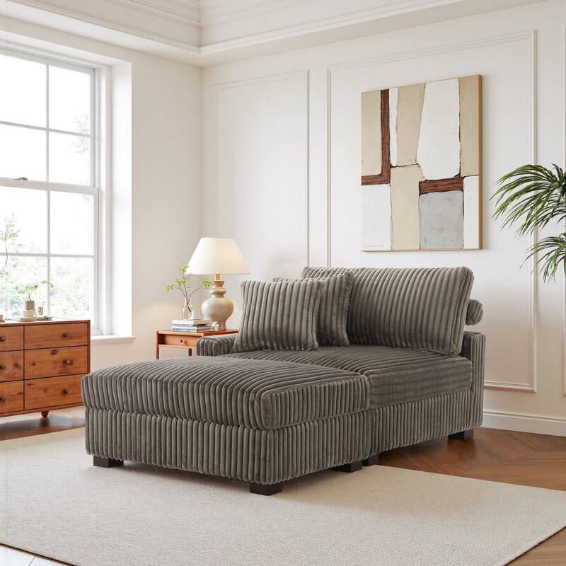 Modular Armchair and Ottoman Set with Adjustable Headrest, Flannel Upholstery - Light Brown - Left Facing