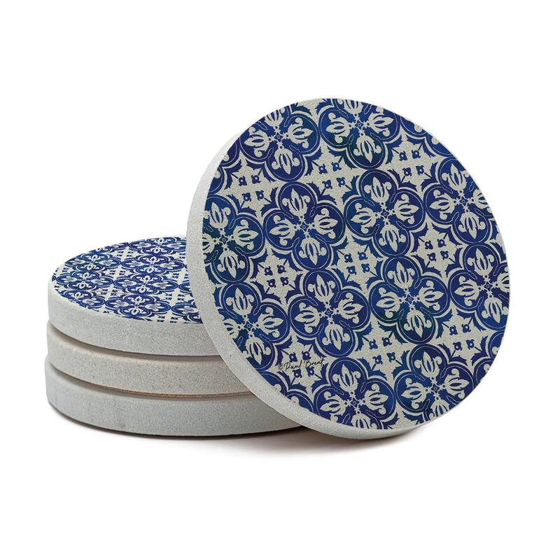 Blue Tiles 4 Pack Round Natural Sandstone Coasters with Protective Cork Backing Manufactured in The USA - Multi-Color