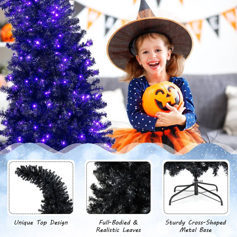 7 Ft Pre-Lit Black Artificial Tree with 400 LED Lights and 1050 Branch Tips for Holiday Decor