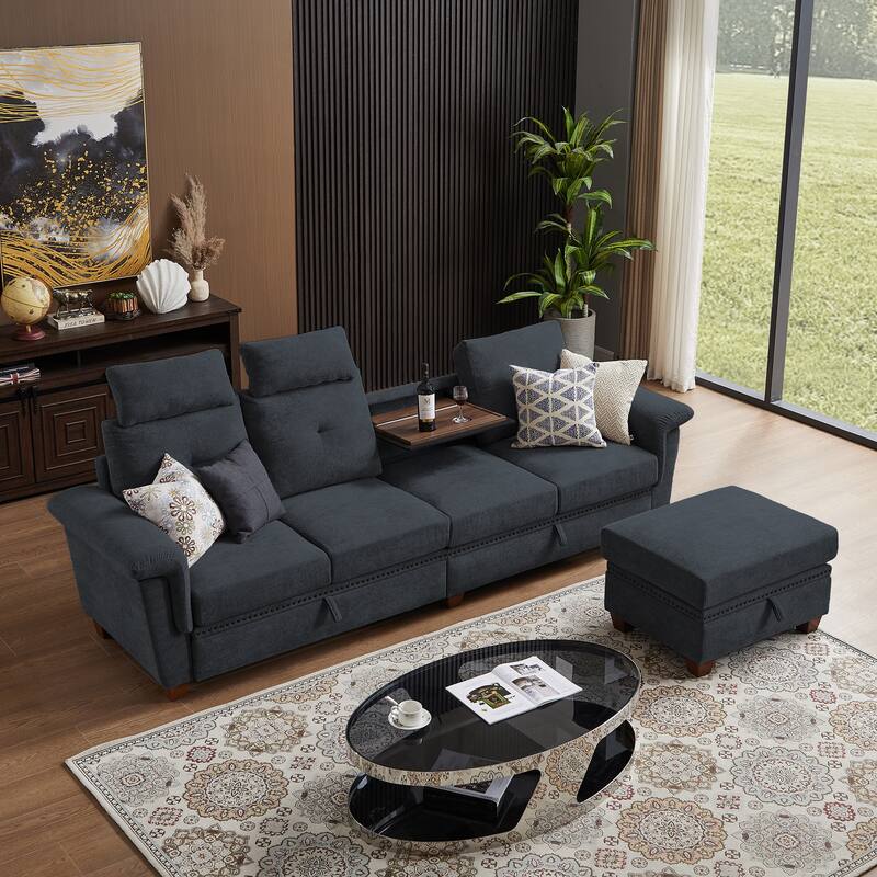 109" Modern 4 Seaters Towelling Sectional Sofa with Hidden Coffee Table Adjustable Headrest and Large Storage Space - DarkGrey