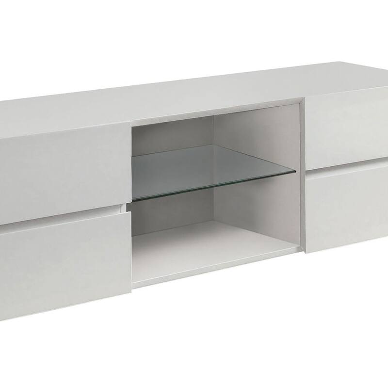 Glossy White 4-Drawer TV Stand with Glass Shelf, Modern Media Console for TVs Up to 60"