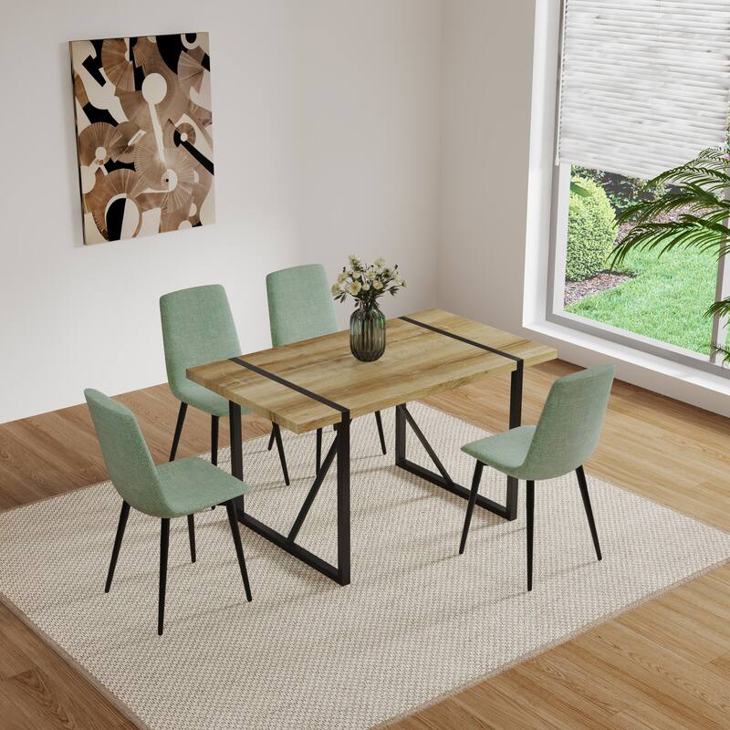 5 Piece Dining Table Set, Wooden Kitchen Dining Table Set with Rectangle Dining Table and 4 Fabric Dining Chairs