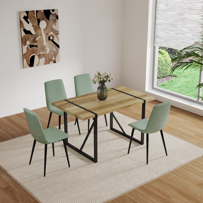 55" MDF Dining Table and Modern Dining Chair Set of 4, Metal Base & Legs, Dining Room Table and Linen Chairs - Natural Wood
