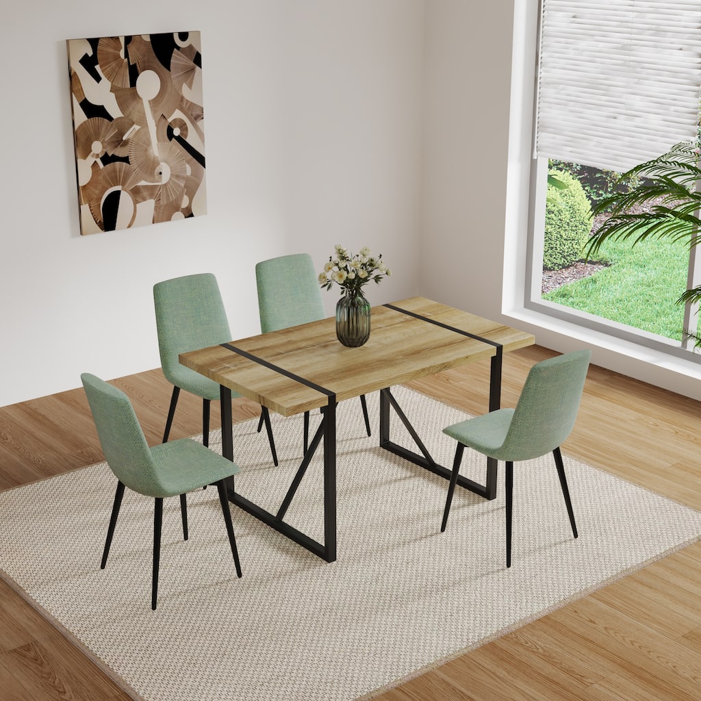 55" MDF Dining Table and Modern Dining Chair Set of 4, Metal Base & Legs, Dining Room Table and Linen Chairs