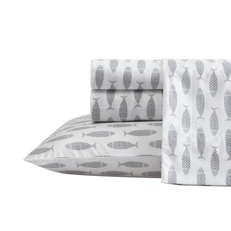 Nautica Cotton Percale Deep Pocket Bed Sheet Sets - Twin - Woodblock Fish Grey