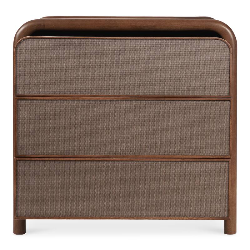 Warm Brown 3-Drawer Nightstand with Tonal Woven Soft Rush Front, Solid Mango Wood and Textured Detailing