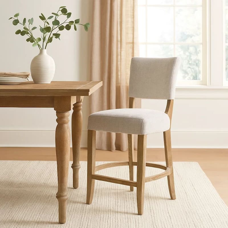 Ryna Barstool Chair, Plush Light Gray Fabric, Washed Oak Solid Wood