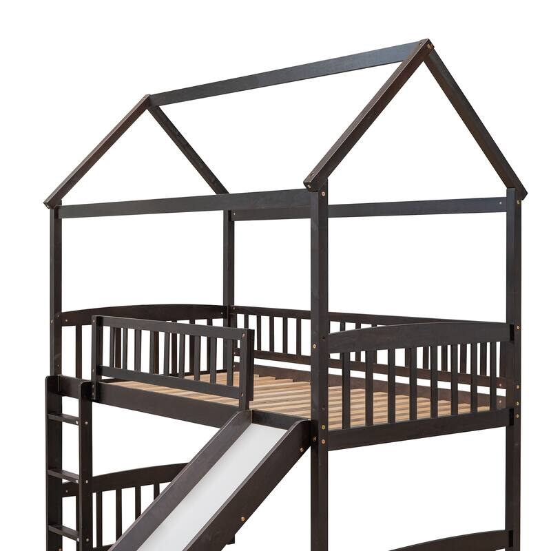 Twin Loft Bed with Slide, House Bed, Espresso Finish, Space-Saving Design