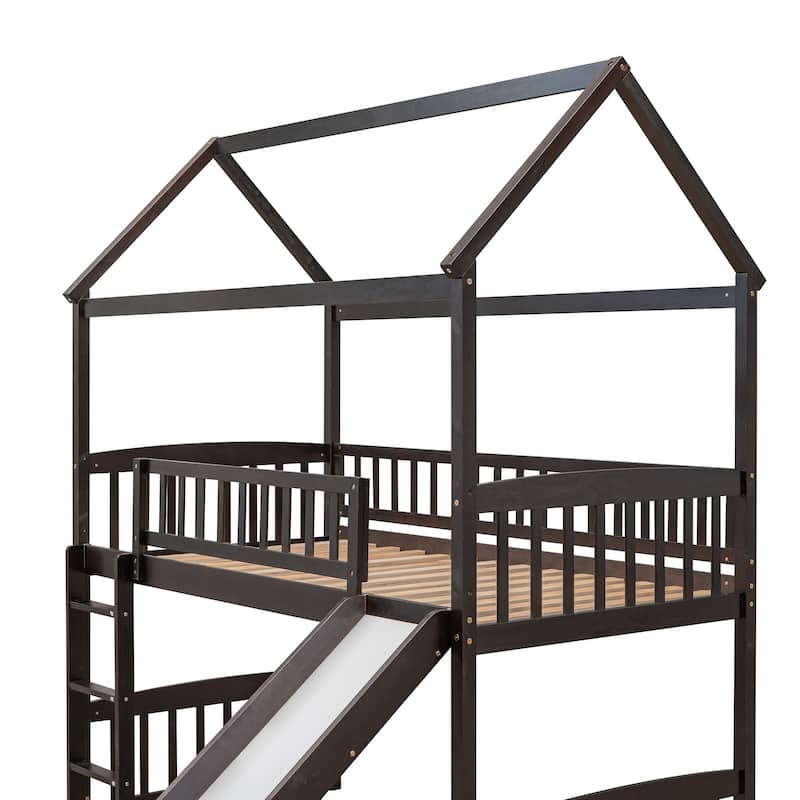 Twin Size Wooden Loft Bed with Slide and Ladder, House Shaped Solid Pinewood Low Loftbed Frame with Under Bed Play Space