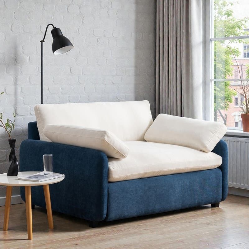 50" Oversized Chenille Accent Chair, Wide Deep Seat Upholstered Armchair with Pillows - Blue+Cream