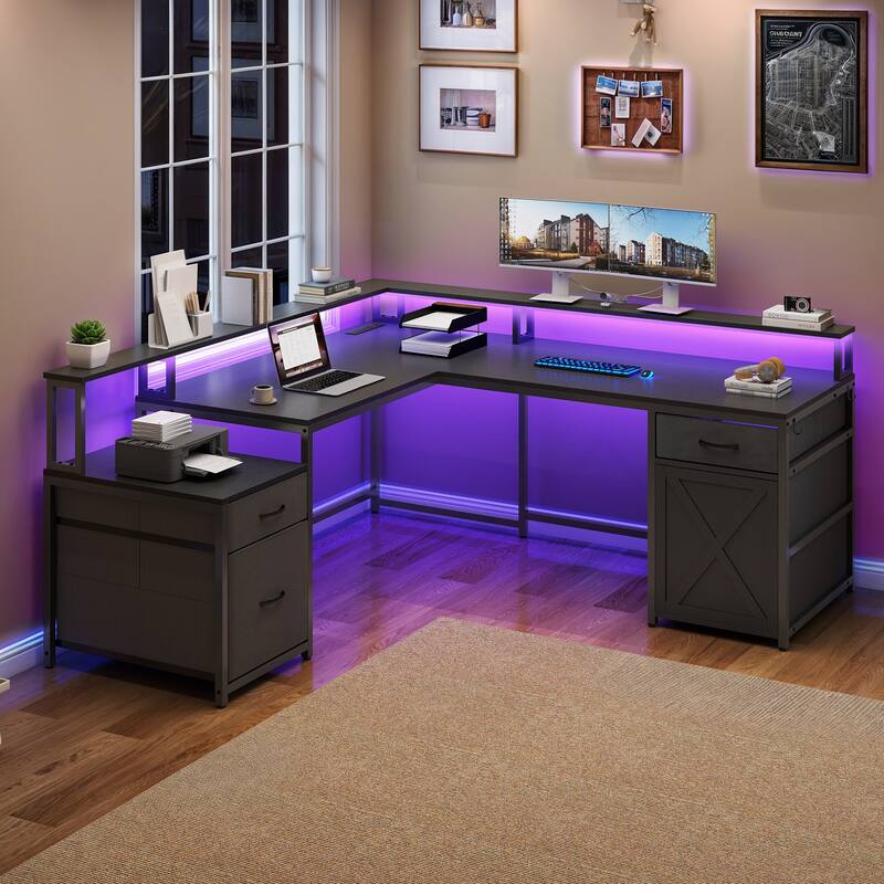 Moasis 63" Corner L Shaped LED Computer Desk with Drawers & Power Outlets