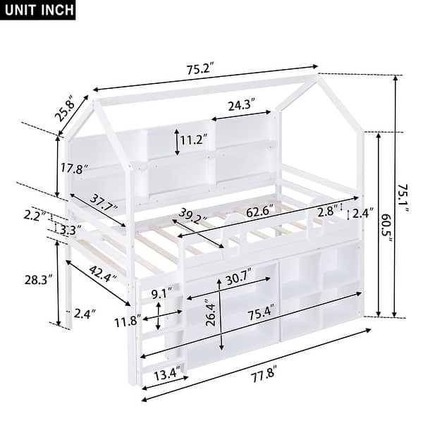 dimension image slide 1 of 2, Twin Size House Loft Bed with Multiple Storage Shelves