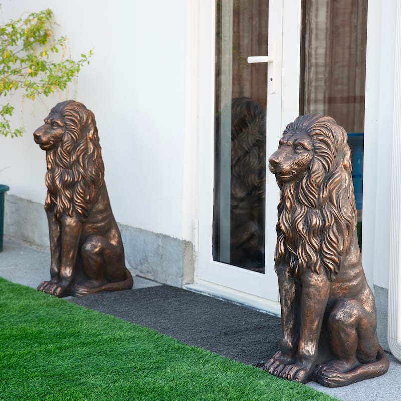 Glitzhome Set of 2 MGO Majestic Sitting Guardian Lion Statues Porch Sculpture Outdoor Indoor