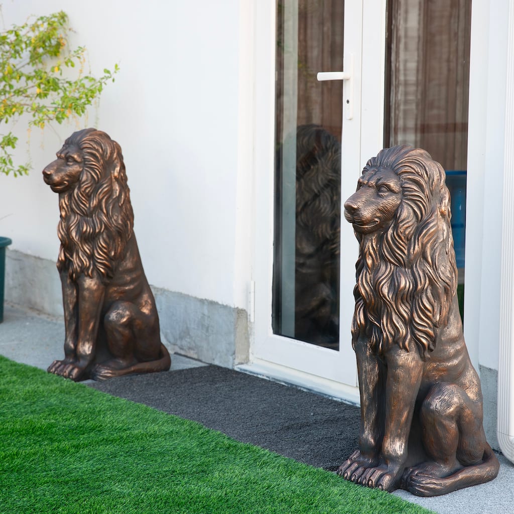 Glitzhome Set of 2 MGO Majestic Sitting Guardian Lion Statues Porch Sculpture Outdoor Indoor