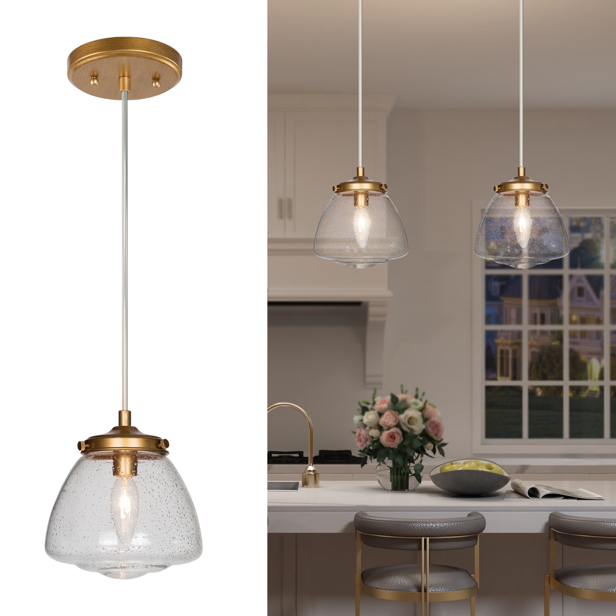 UMhouse Modern White Globe Glass Pendant Light Fixtures,Brass and Glass Chandelier Ceiling Lamp,Gold Hanging Lamp for Kitchen Island