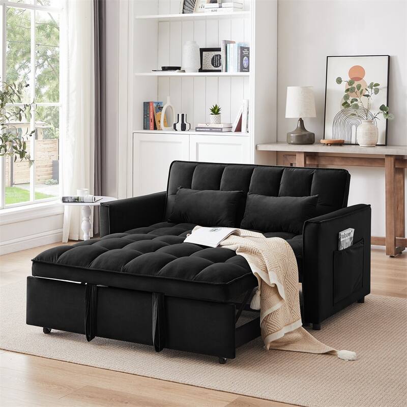 3-in-1 Modern Convertible Velvet Double Futon Sofa Bed with 2 Pillows - Black