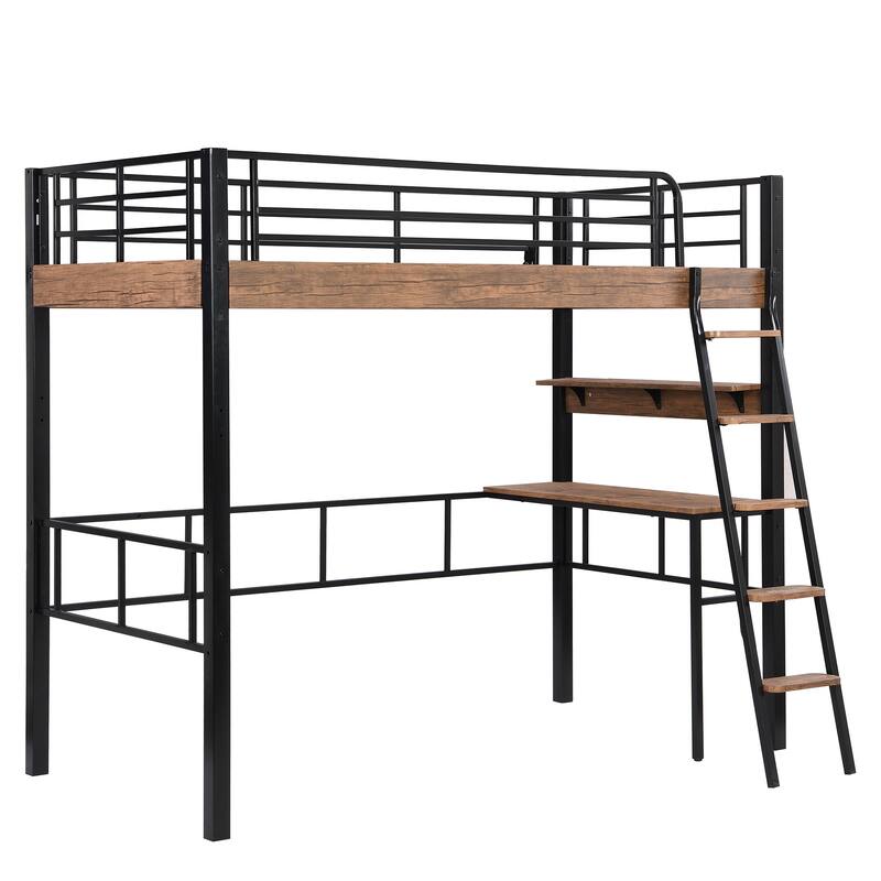 Twin Size Loft Bed with Built-in Desk, Storage Shelf, and Ladder in Black