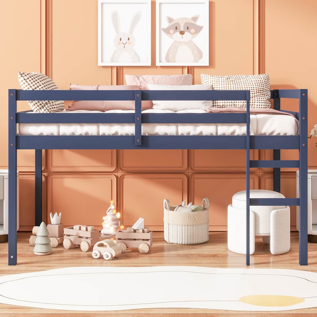 Solid Wooden Twin Loft Bed with Ladder, Strengthened Slats, Blue