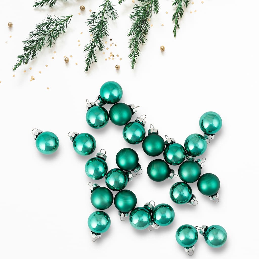 2-Finish Mini Christmas Glass Ball Ornaments - 1" (25mm) - Teal Green - 24ct