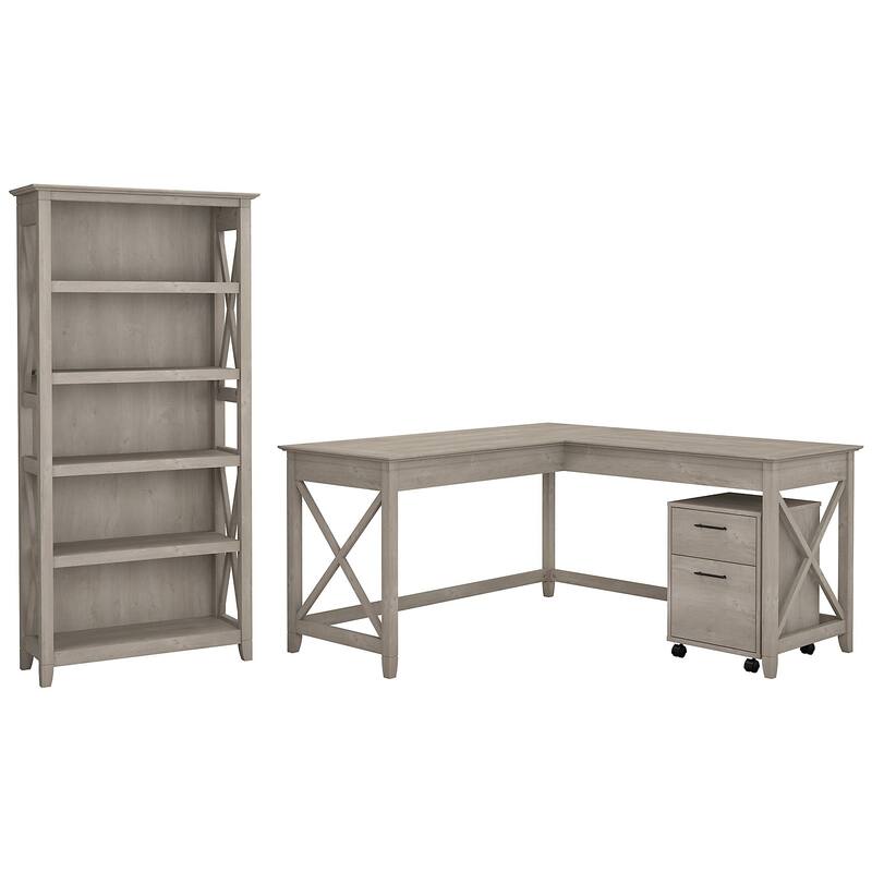 Key West 60W L Desk with File Cabinet and Bookcase by Bush Furniture