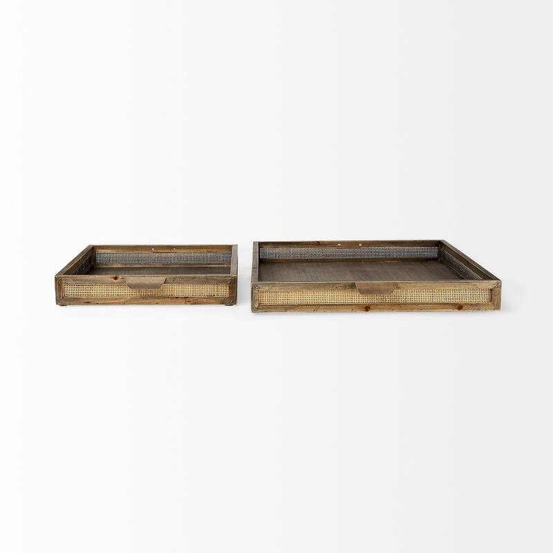 Sonny 23.6L x 23.6W x 2.0H Set of Two Brown Wood and Wicker Square Trays - 23.6L x 23.6W x 2.0H