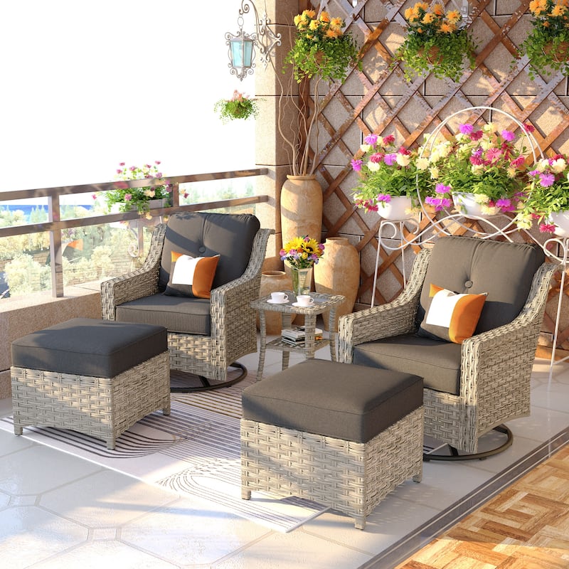 OVIOS 5 Pieces Outdoor Wicker Curved Swivel Chair Set With Ottoman - Black