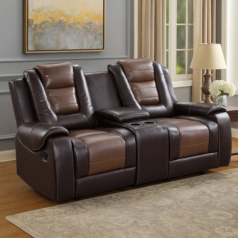 Istro 76 Inch Dual Manual Recliner Loveseat, Console, Brown Faux Leather