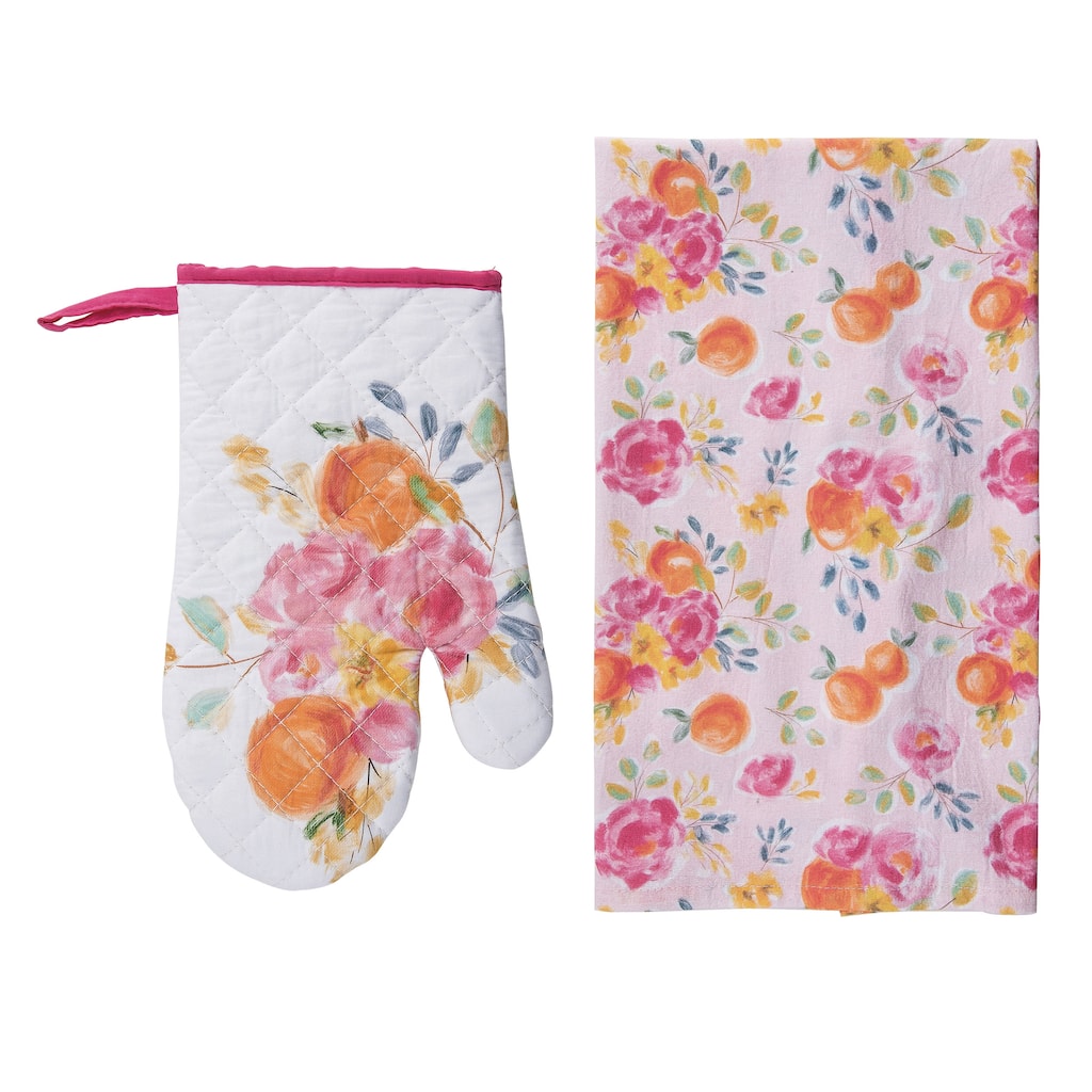 Transpac Cotton 10 in. Floral Mitt and Tea Towel Set of 2