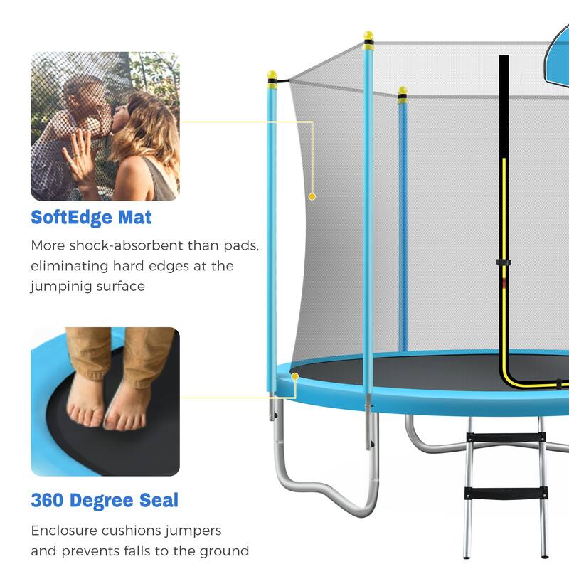 Kids Recreational Trampoline - Basketball Hoop, Safety Enclosure Net, Ladder, Backyard Use - Blue - 96