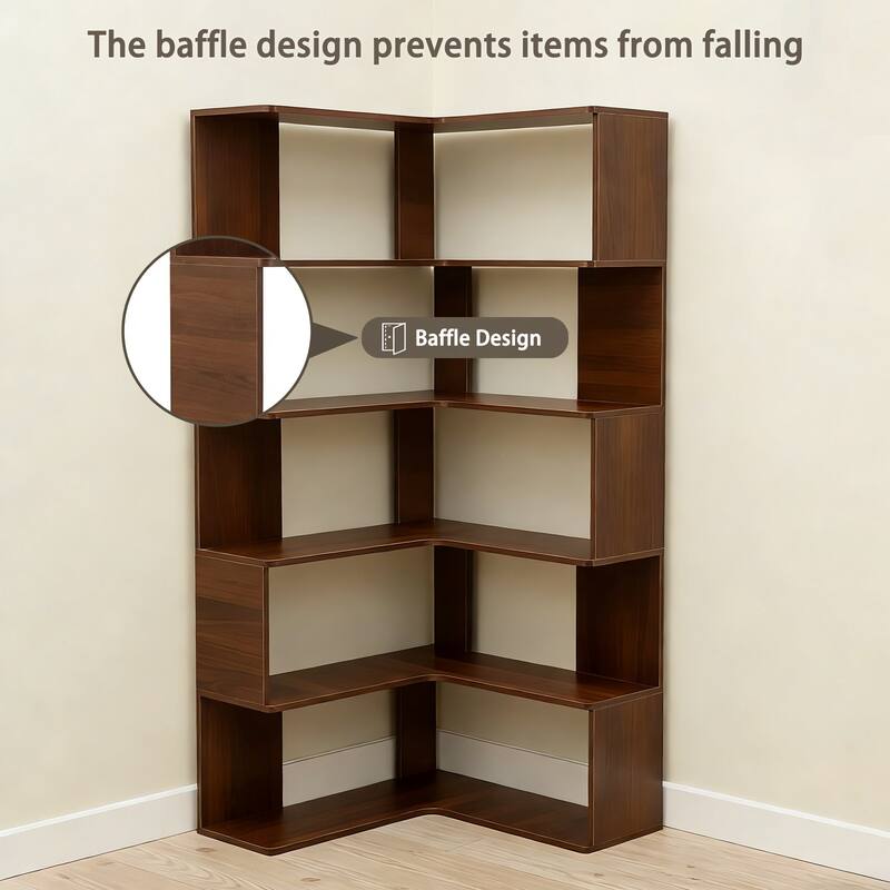 Anmytek 66" Tall L Shaped Corner Bookshelf 6 Tier Walnut Open Display Shelf for Living Room Bedroom Office