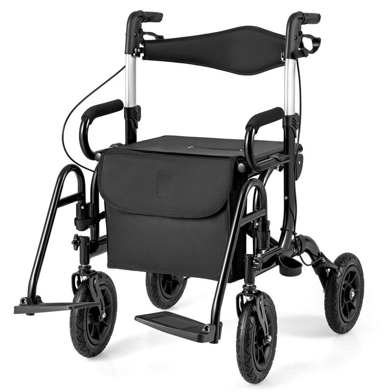 2 in 1 Folding Rolling Rollator Walker & Wheelchair Combo w/ Brakes - Black