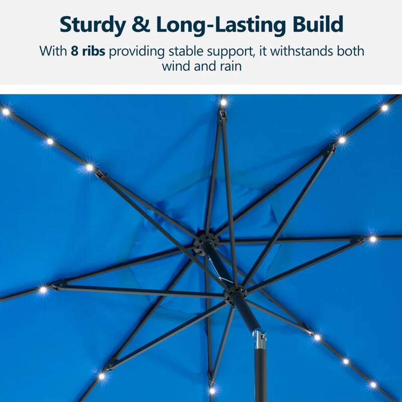 11 Feet Blue Solar LED Patio Umbrella with Crank Lift , Tilt, 8 Ribs (Without base)