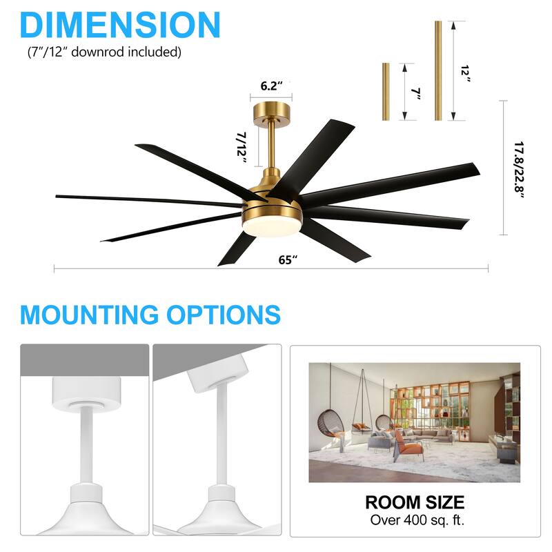 65"/72"/84" Modern LED Ceiling Fan with Light and Remote(8-Blade)