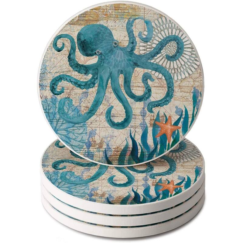 CounterArt Absorbent Stone Tumbled Tile Round Coaster Set - 4 Pack- Monterey Bay Octopus - 4x4