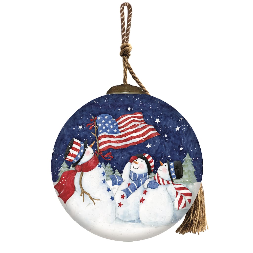 Inner Beauty Patriotic Snowman Hand Painted Glass Ornament