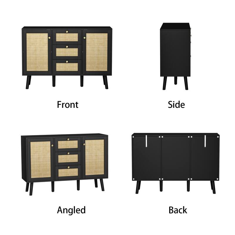 Anmytek Modern Wood Rattan Black Buffet Sideboard Accent Storage Cabinet with 3 Drawers and 2 Doors