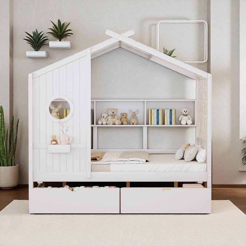 Twin/Full Size Wooden House Bed with Roof, Storage Shelf and 2 Drawers for Kids, Montessori Style