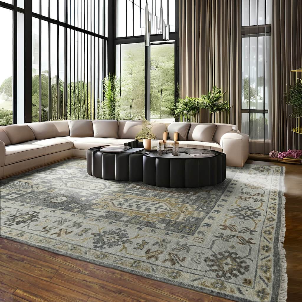 Hand Knotted Gray, Brown Oushak Wool Arts & Crafts Oriental Area Rug - 8' 3'' x 9' 11''