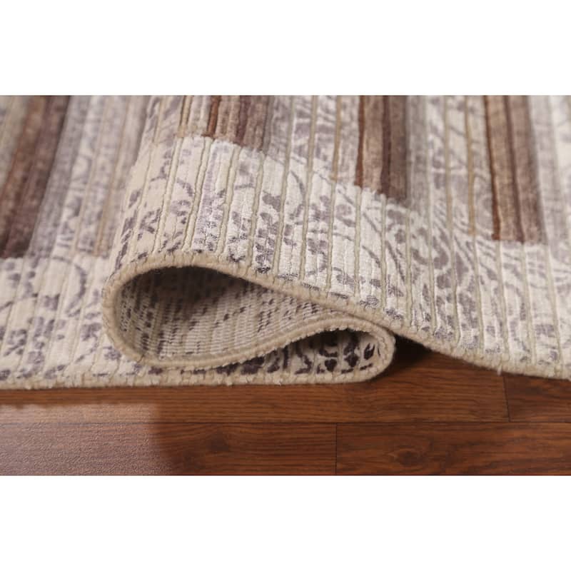 Beige Striped Abstract Accent Rug Handmade Oriental Wool Carpet - 2'9"x 5'0"