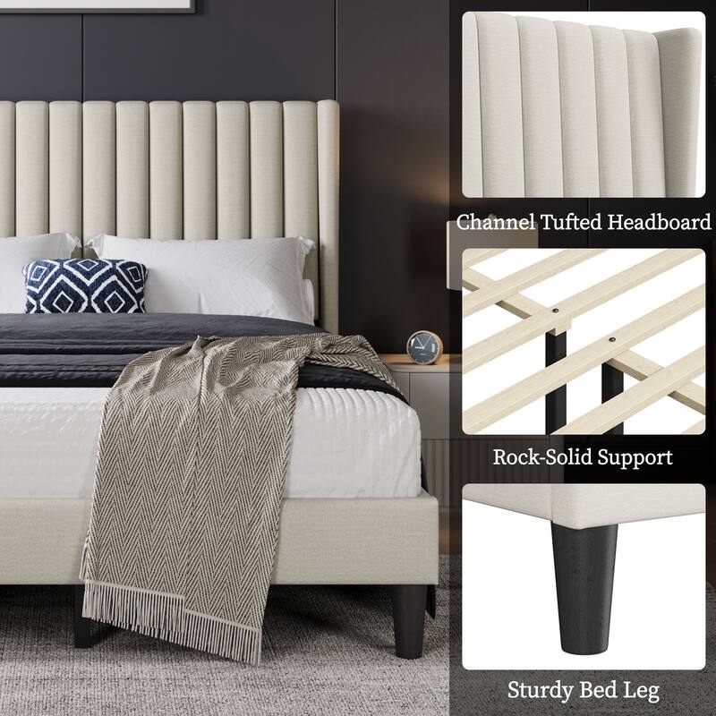 Yaheetech Upholstered Bed Frame with Wing Side Fabric Upholstered Bed with Headboard