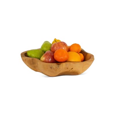 13" Solid Wood Fruit Bowl - Hand Carved Decorative Serving Bowl, Natural Rustic Home Decor - 13" wide x 11" deep x 3" tall