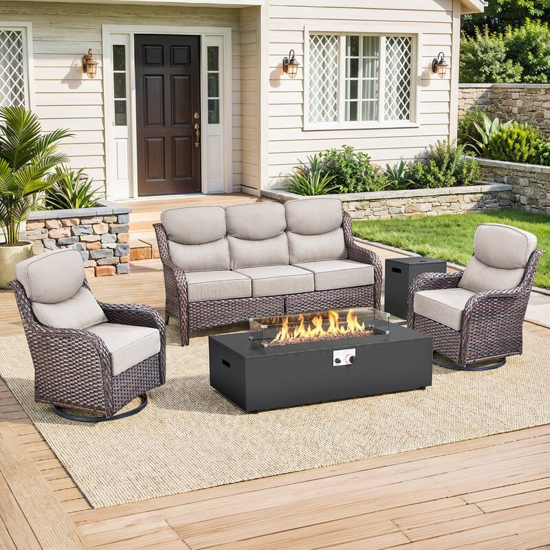 Pocassy 43 In Fire Pit w/ Outdoor Sofa Swivel Chair Ottoman Set - Brown Wicker Beige Cushion - 4PCS Fire Table w/ 6-In Cushion Sofa Swivel Chair