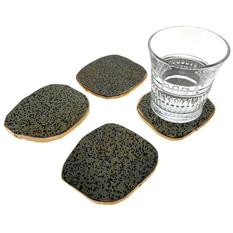 Modern Home Set of 4 Natural Dalmatian Jasper Stone Coasters with Gold/Silver Edge