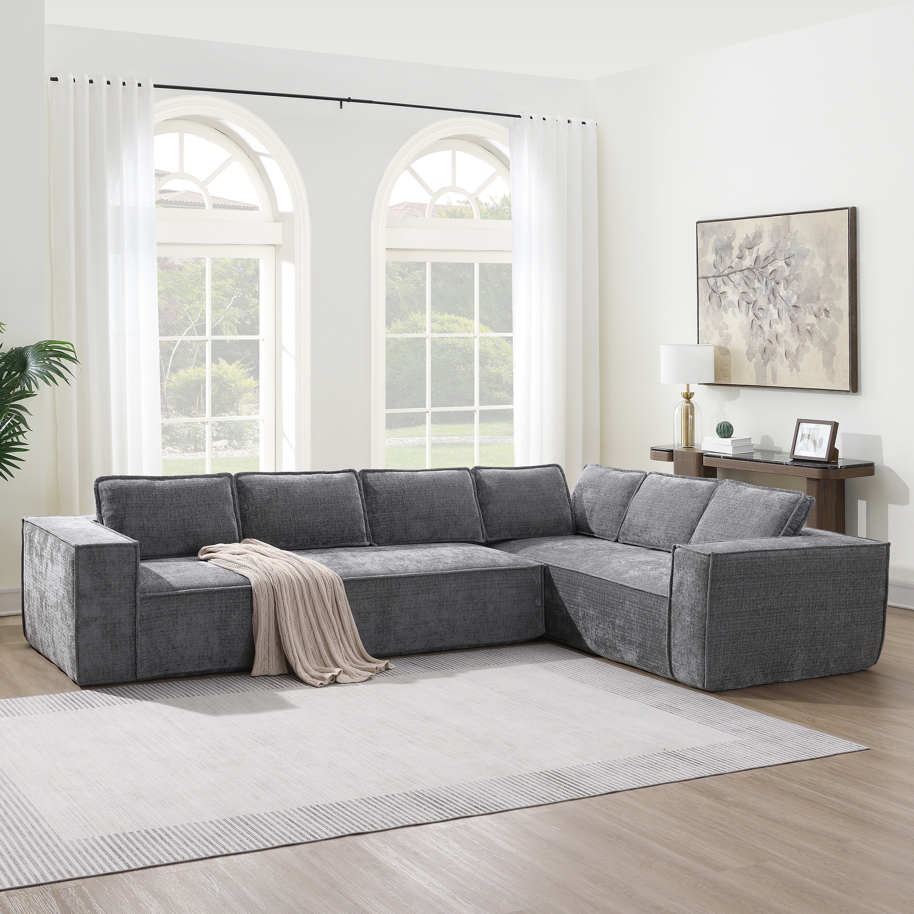 129.5" Minimalist Style Modular Sectional Sofa, 6 Seat Wrinkle-resistant Chenille Couch Set, 2 PC Free Combination