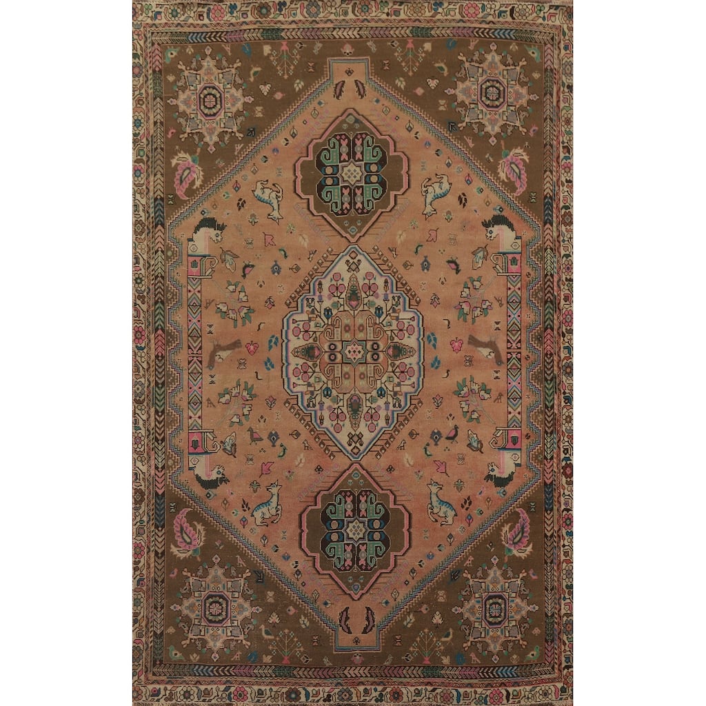 Animal Pictorial Abadeh Persian Rug Vintage Hand-knotted Wool Carpet - 6'8" x 10'1"